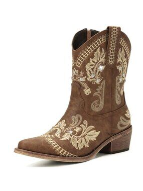 Western Embroidered Cowgirl Bootie Pointed Toe Block Heel Ankle Boot
